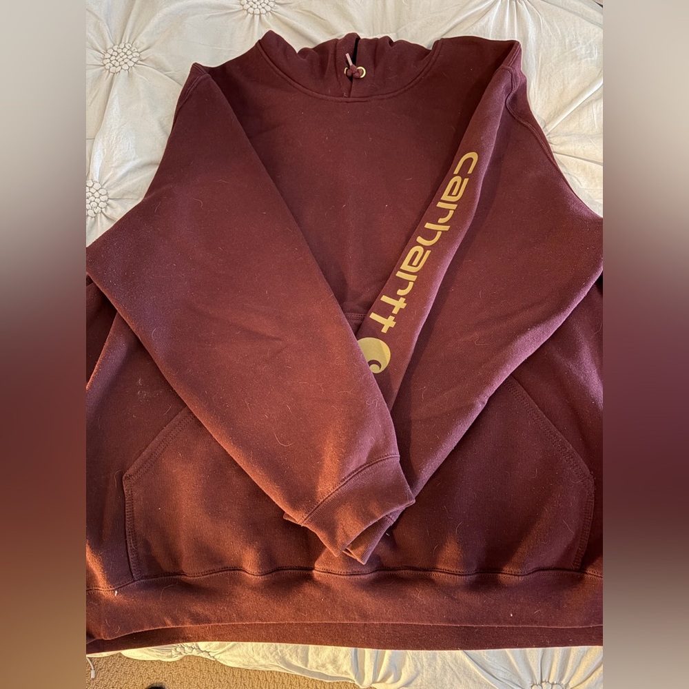 Carhartt men’s Burgundy Pullover with Gold Logo on Sleeve